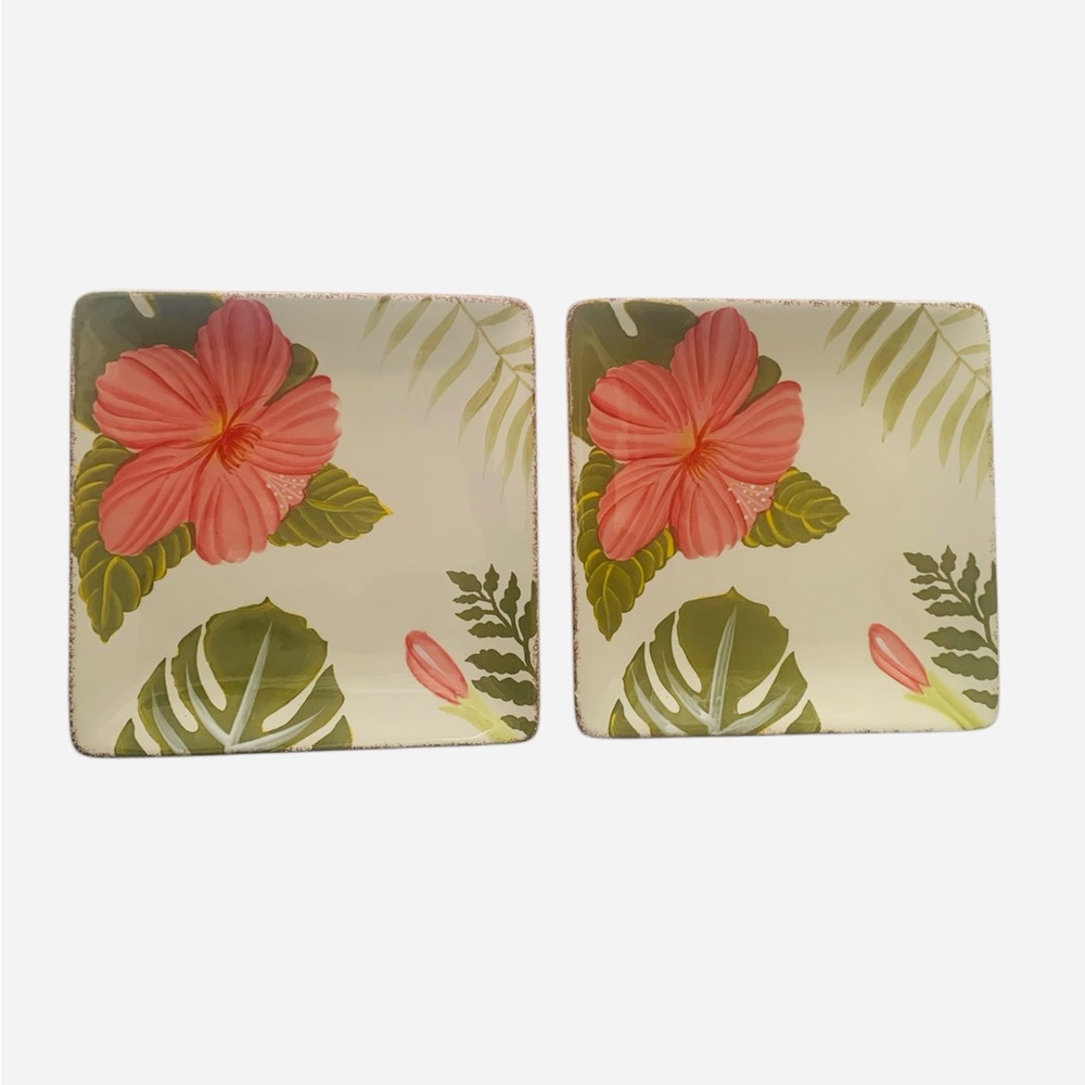 Clay Art Hibiscus Hand-Painted Stoneware 8” Square Plate Set of 2